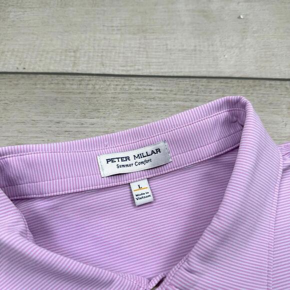 Peter Millar Summer Comfort Polo Shirt Pink White Stripe Large Stretch Golf Club - Picture 4 of 7